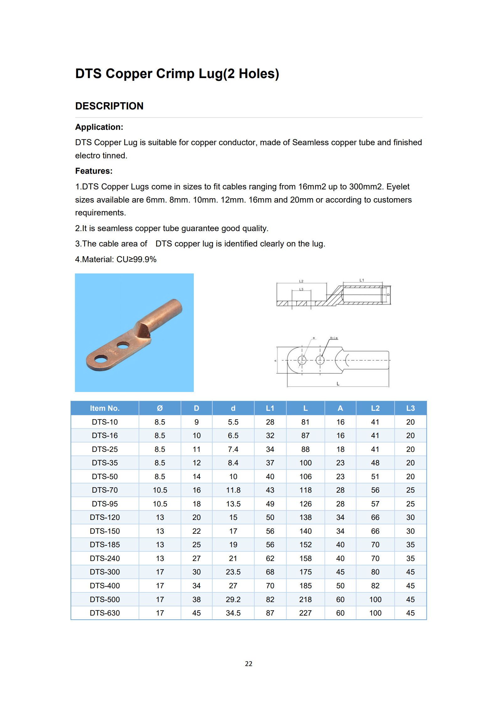 DTS Double Holes Copper Cable Lugs detail 1